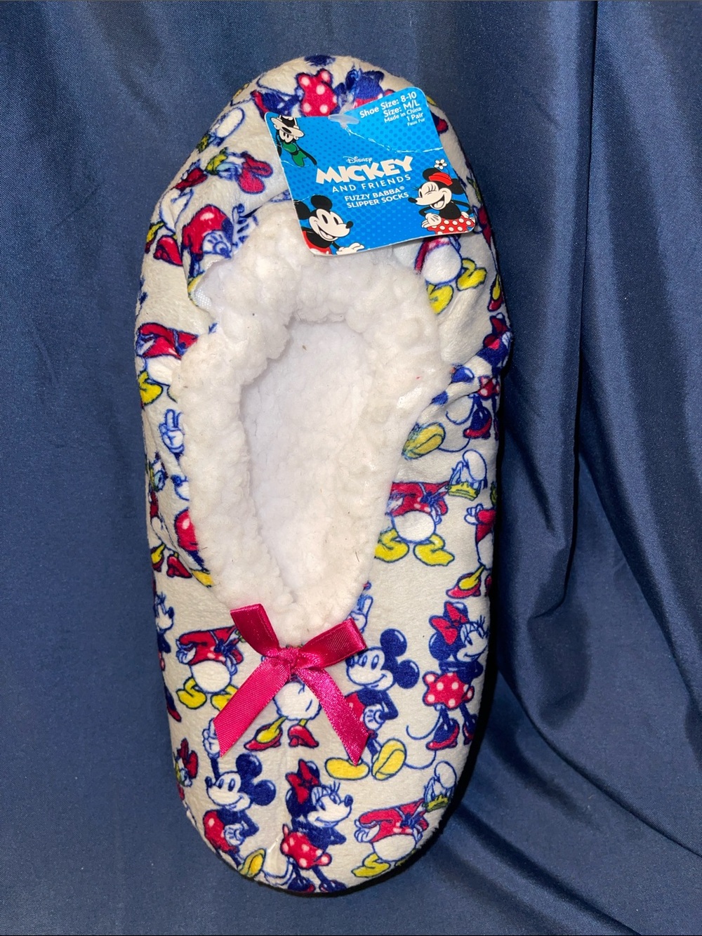Disney Fuzzy Babba Mickey & Friends Slip-On Slipper Socks with Pink Bow Accent